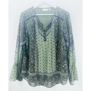 Belle by Kim Gravel Womens Sz M  Paisley Green Pullover Blouse Peasant BOHO AD01